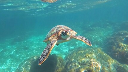 Fototapeta premium A sea turtle swims through clear blue water, its shell a mosaic of brown and green. Its flippers are outstretched as it navigates the underwater landscape.