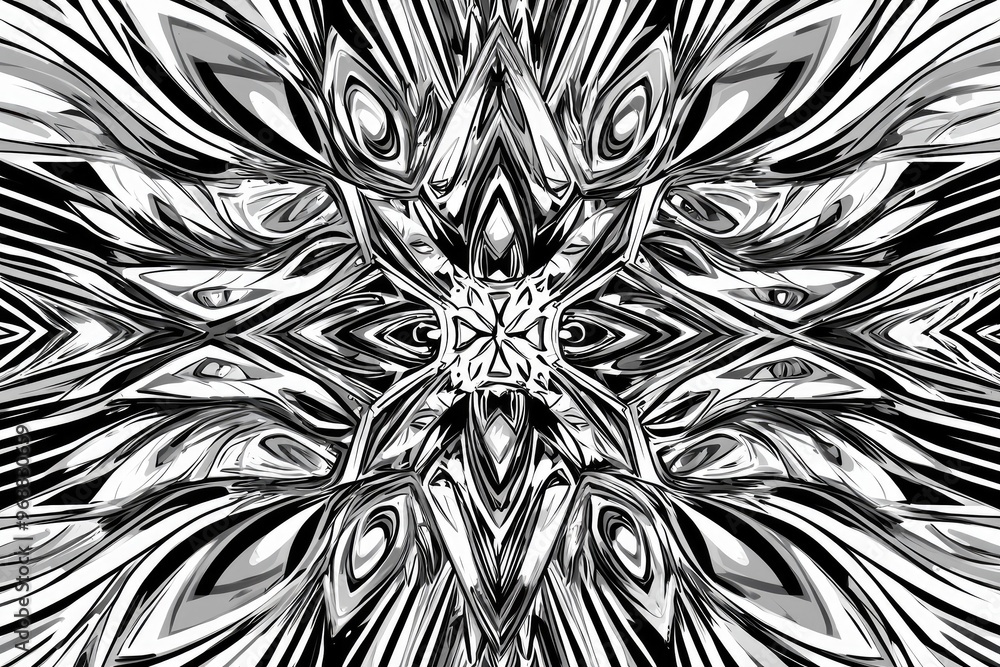 Poster intricate black and white abstract pattern showcasing symmetrical shapes and fluid lines, perfect fo