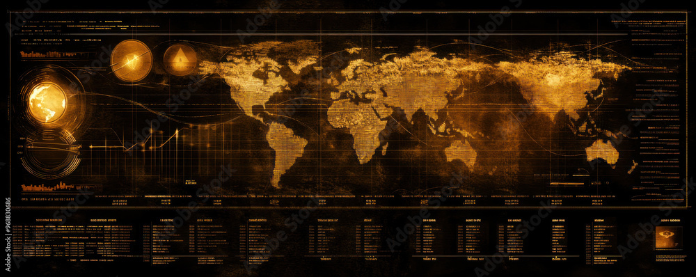 Poster a map of the world with a lot of numbers and dots. the map is in black and gold
