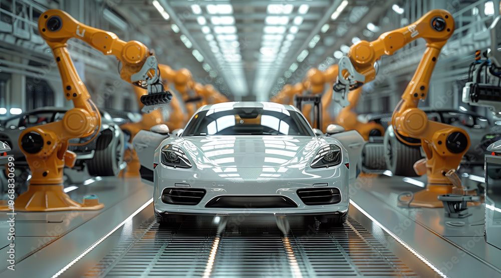 Poster a high-tech car factory with robotic arms assembles cars, full of modern technology and a futuristic