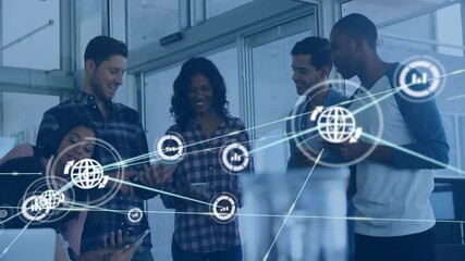 Animation of network of connections with globe icons over diverse business people in office - Powered by Adobe