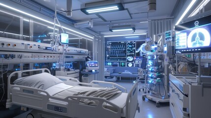 Visualization of an advanced virtual hospital room using AI to interpret data from medical equipment and imaging technologies
