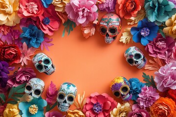 A vibrant arrangement of decorative skulls surrounded by colorful paper flowers on an orange background.