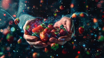 Hands cupping a vibrant digital harvest of information, showcasing the fusion of technology and knowledge gathering in contemporary society