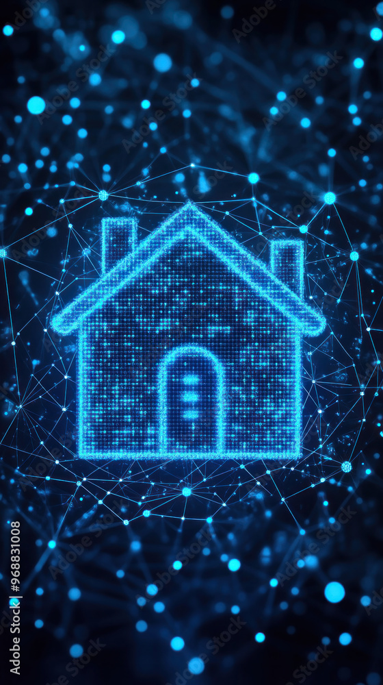 Poster a house is shown in a blue and white color scheme. the house is surrounded by a web of lines and dot