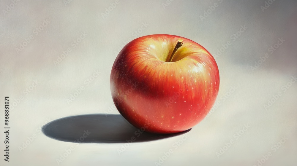 Poster a single red apple with a yellow center and shadow on a white background