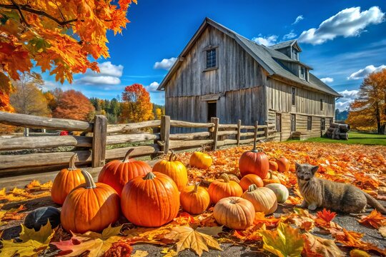 "Pumpkins and brightly colored leaves beneath a crisp clear blue sky as squirrels scamper up a weathered wooden fence on a rustic farmstead."