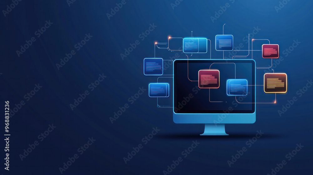 Poster a computer monitor with many icons on it. the icons are in different colors and shapes. concept of a