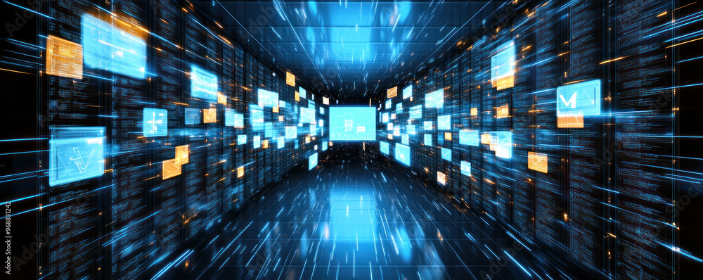Poster a computer screen with many small squares of blue and orange. the squares are all different sizes an