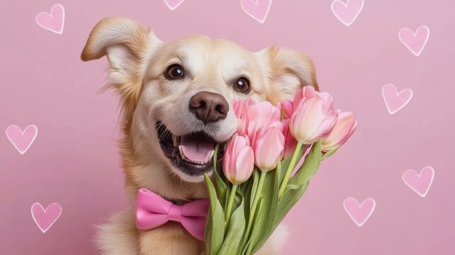 Elegant Pink Bow-Tied Dog with Fresh Tulips and Heart Background, Cutecore Style Photo-Realistic Animalpunk Portrait