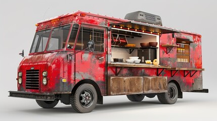 A realistic food truck with detailed design and textures on a solid white background.