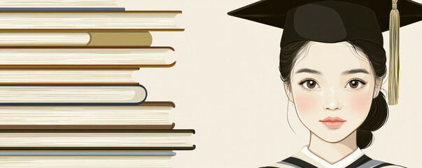 A girl wearing a graduation cap and gown is standing in front of a stack of books. Concept of education and achievement, as the girl is likely a graduate. Scene is celebratory and proud