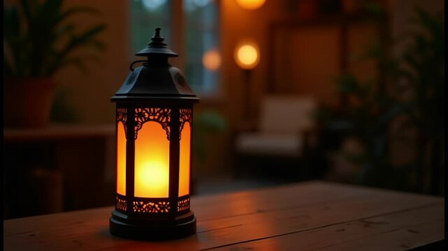 Traditional lantern glowing with warm light, with copy space