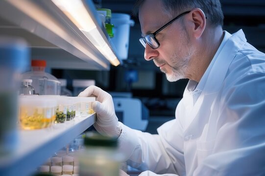A focused scientist examines samples in a laboratory, demonstrating precision and dedication to research and discovery.