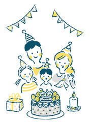 クリスマスを祝う笑顔の4人家族の手描きイラスト