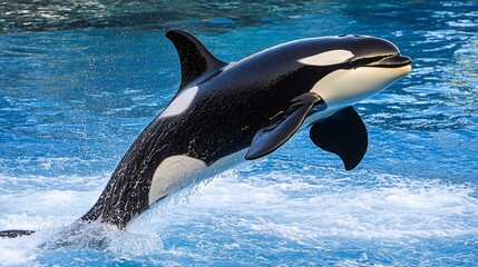 Obraz premium A black and white killer whale leaps out of the water with its mouth open, showing its teeth, against a blue water background.