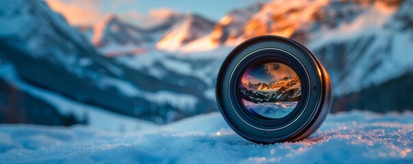 A beautiful landscape captured through a camera lens, showcasing snow-covered mountains at sunset with vibrant colors.