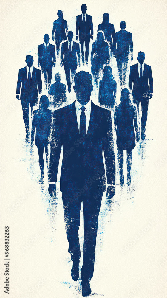 Poster a group of people are walking in a line, with one man in the middle of the group. the image is of a 