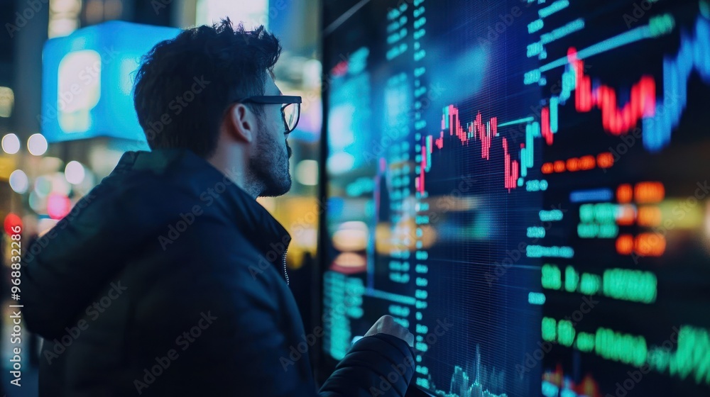 Poster Man Observing Financial Data Displayed on a Large Screen at Night