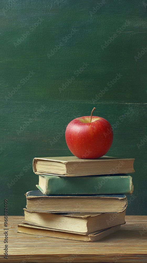 Poster a stack of books with a red apple on top. the apple is shiny and has a stem. the books are old and w