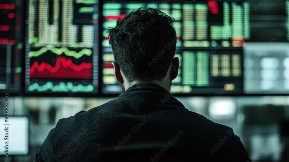 Aufkleber Man Looking at Stock Market Data on Multiple Screens