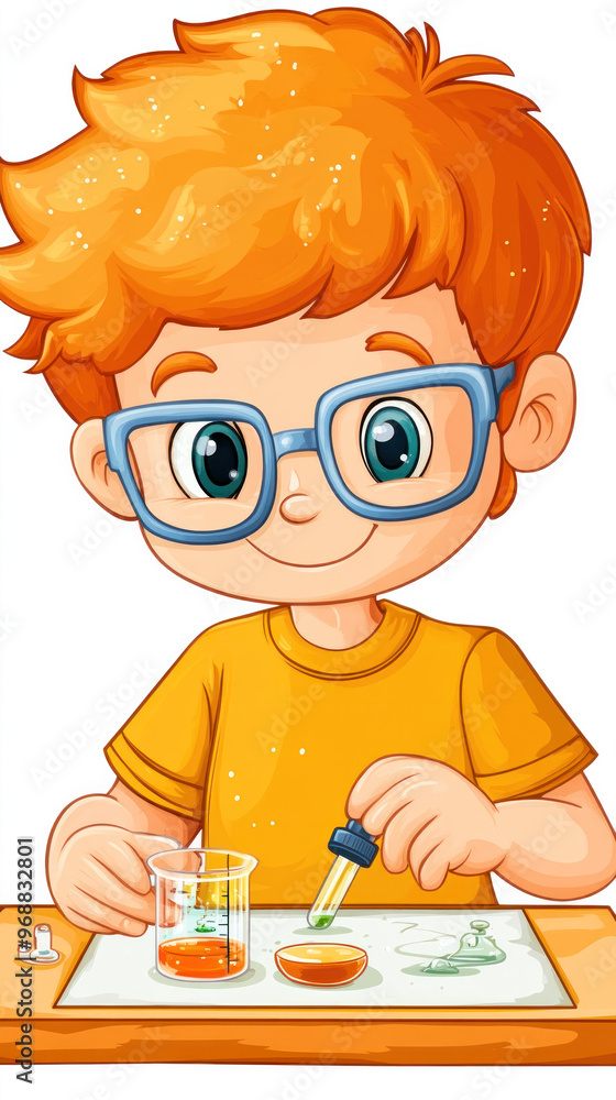 Poster a boy in glasses is making a science experiment. he is smiling and seems to be enjoying himself