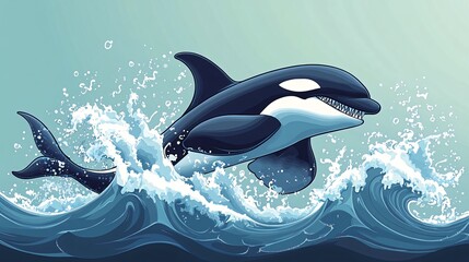 Obraz premium A black and white orca whale leaps out of the ocean, its powerful tail splashing water as it soars through the air.