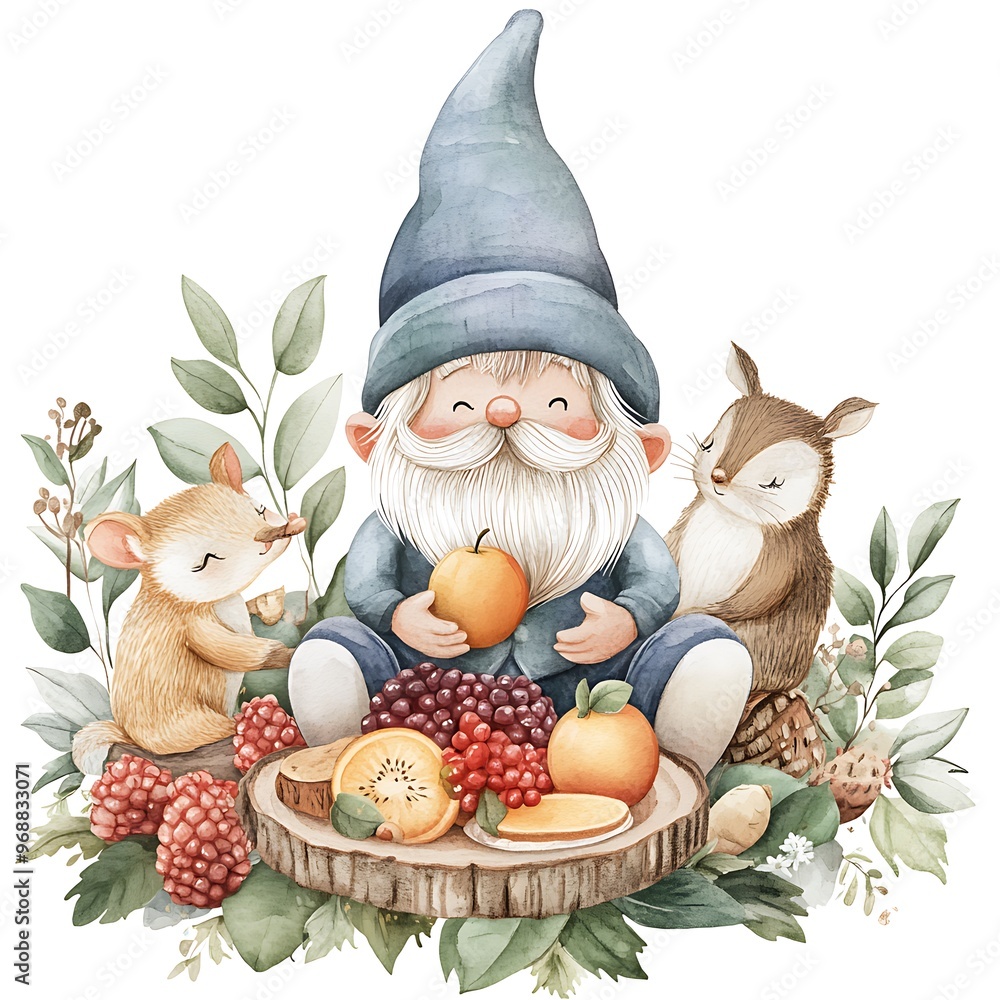 Poster Watercolor Illustration of a Gnome with a Squirrel and Mouse Surrounded by Fruits and Plants.