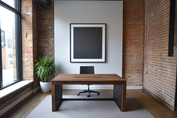 Minimalist workspace in a loft apartment with a table, chair, window lighting and urban accents