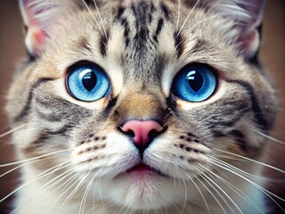 A feline's visage boasted striking blue eyes, a rosy proboscis, and a glossy black mustache, cultivating a whimsical and captivating visual presence.