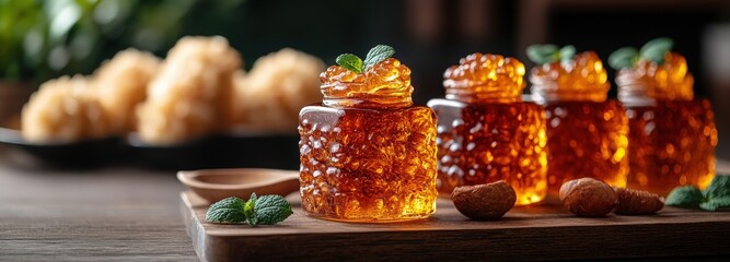 Homemade fruit preserves with mint leaves are elegantly displayed next to sweets on a wooden table © Iurii