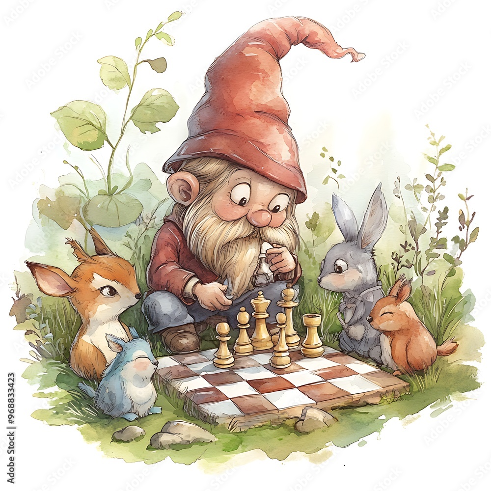 Sticker Gnome playing chess with woodland animals in a watercolor illustration.