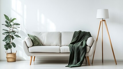 Elegant Scandinavian living room with light gray sofa, green blanket, and wooden floor lamp on a white background
