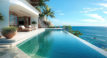 Obraz premium Interior of home by the pool, beach, and ocean. Generative AI.