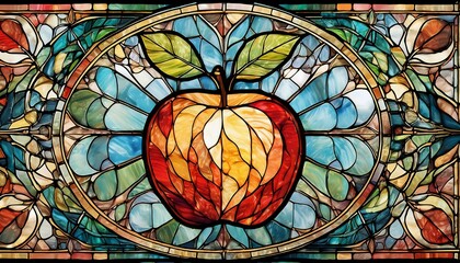 Composition en vitraux coloré avec motif de pomme rouge dans un environnement floral