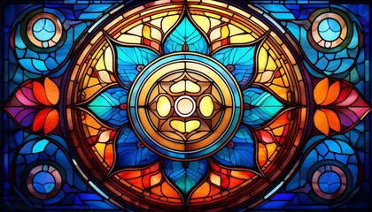Vitrail circulaire aux couleurs vives et motifs floraux. Rosace géométrique de vitraux colorés