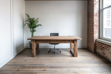 Minimalist workspace in a loft apartment with a table, chair, window lighting and urban accents