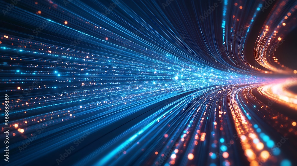 Aufkleber background of digital data streams and light trails representing speed of information across cyber n