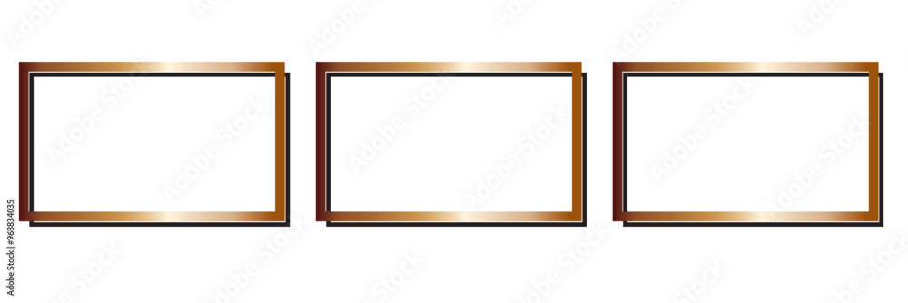 Poster set of three gold glowing rectangular shape frames isolated on transparent background. shiny frame w
