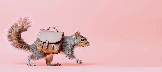 Naklejka premium Adorable Gray Squirrel Carrying Tiny Brown Backpack Against Pink Background, Copy Space Right