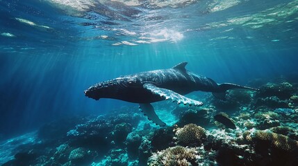 Naklejka premium A humpback whale swims through the clear blue water above a coral reef with sunlight shining through the surface.