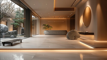 A leisurely reception hall, warm lighting, design that blends minimalist style with Zen culture, design embodies minimalism and modernity while highlighting traditional aesthetics. Generative AI.