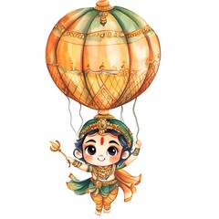 Obraz premium Cute Illustration of Hindu God Flying in a Hot Air Balloon.