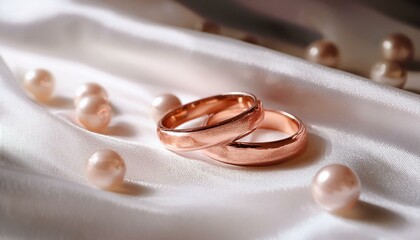 Rose Gold Wedding Rings on White Satin