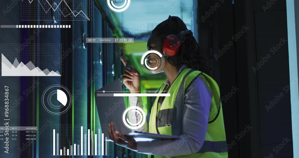 Poster animation of digital data processing over afrcian american it woman with laptop by computer servers