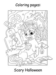 Halloween coloring scared unicorn and lettering vector illustration