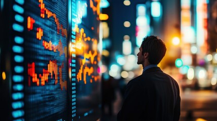 A Businessman Observing Stock Market Data in a City at Night