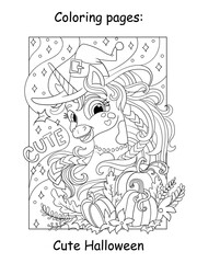 Halloween coloring beautiful unicorn and lettering vector