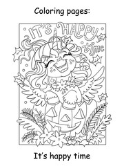 Halloween coloring happy unicorn and lettering vector illustration