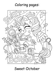 Fototapeta premium Halloween coloring unicorn baby and lettering vector illustration